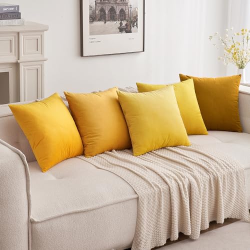 MIULEE Velvet Soft Soild Microfiber Decorative Square Pillow Case Throw Cushion Cover for Sofa Bedroom with Invisible Zipper 16x16 Inch 40x40cm Mustard Yellow Set of 2 Lined - Image 4