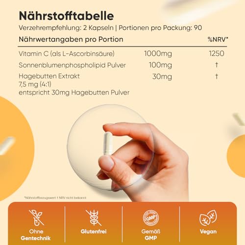 Liposomales Vitamin C - 1000mg Vit C, 100mg Sonnenblumenphospholipide & 30mg Hagebutte - 180 vegane Kapseln - Glutenfrei & Ohne Gentechnik - WeightWorld – Bild 5