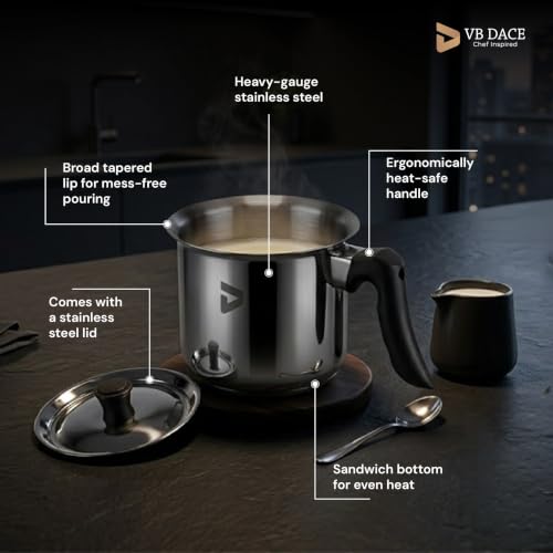 Image of VB DACE Stainless Steel Milk Pot with Lid, 1300 ml Total Capacity, Sandwich Bottom, Heavy-Gauge Stainless Steel, Induction & Gas Stove Compatible, Ergonomic Heat-Resistant Handle