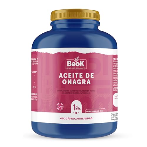 BEOK – Aceite de Onagra 450 Cápsulas Blandas – Complemento Alimenticio con Vitamina E – 1500-3000 mg de Aceite de Onagra por Día – Apoyo Hormonal y Bienestar Femenino