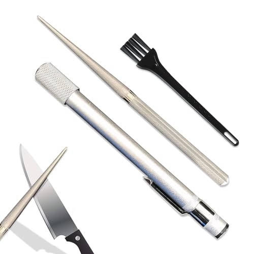 DERJDISF Affilacoltelli – Set di 3 Pezzi con Pietra Affilacoltelli, Acciarino Affilacoltelli Diamantata Multiuso Tipo Penna, e Bastoncino per Affilare Coltelli Portatile con Spazzola