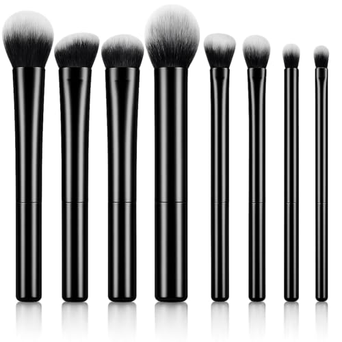 Kit Pincéis de Maquiagem com 8 Peças - Cerdas Macias Sintéticas - Completo para Base, Pó, Blush, Corretivo, Iluminador, Sombras e Contorno PREMIUM (Preto)