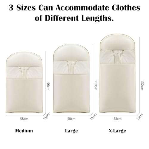 3Pcs Space Saving Hanging Garment Bag with Self Compression Zipper, Storage Bags Space Saver Closet Organizers Dust Cover 3 sizes for Down Coat Clothes Beige2