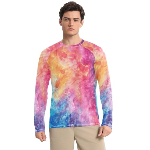 Mens UPF 50+ Sun Protection Rash Guard for Men Quick Dry Rash Guard Men Long Sleeve Beach T-Shirts, Colorful Tie Dye, Small