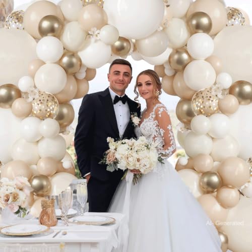Image of Zesliwy Sand White Gold Balloon Arch Kit,Light White Ivory Beige Nude Balloons Chrome Gold with Confetti Balloon Garland for Neutral Birthday Wedding Engagement Bridal Shower Boho Party Decoration