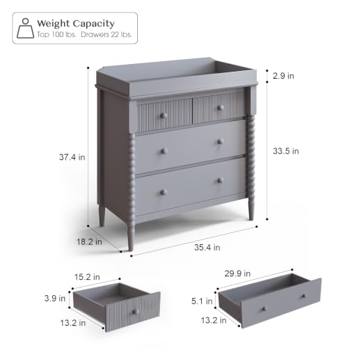 Image of JOINICE Grey Nursery Dresser with Changing Table, 4 Drawers for Storage | Jenny Lind Spindle Style Dresser and Removable Baby Changing Station Combo for Kids Bedroom, Anti-Tip Kit for Safety