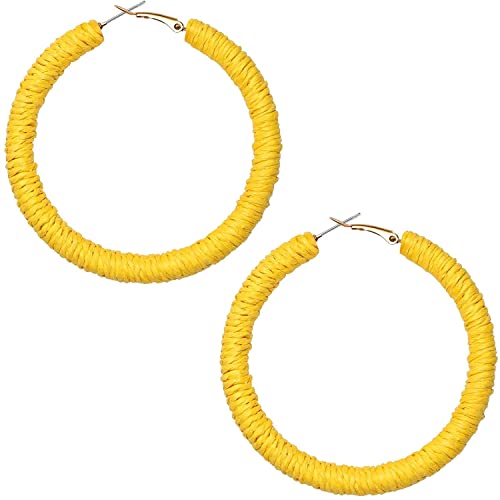 COLORFUL BLING Handmade Rattan Earrings Large Circle Braided Straw Wicker Rattan Earrings Bohemian Circular Statement Drop Hoop Earrings-H yellow