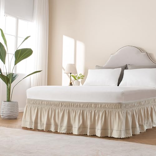 MIYE Wrap Around Ruffled Lace Bed Skirt, Elastic Dust Ruffle with Adjustable Belts, Easy to Put On, Bed Frame Cover, Machine Washable (Embroidered/Beige, Full/Twin-12.5" Drop)