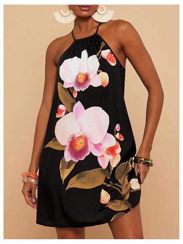 Image of SweatyRocks Women's Tropical Print Halter Dresses Sleeveless Holiday Summer Mini Dress