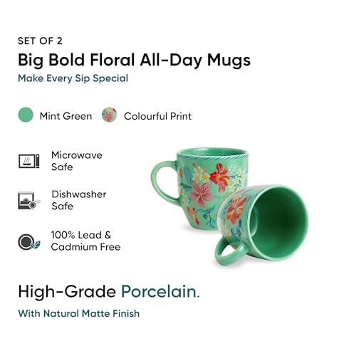 Image of Shay Ceramic Coffee Mug Set, Set of 2, 300ml, Big Bold Floral | Medium Mug | Glossy Finish | Ceramic Cup | Microwave Safe (Mint Big Bold Milk Mug, Set of 2)
