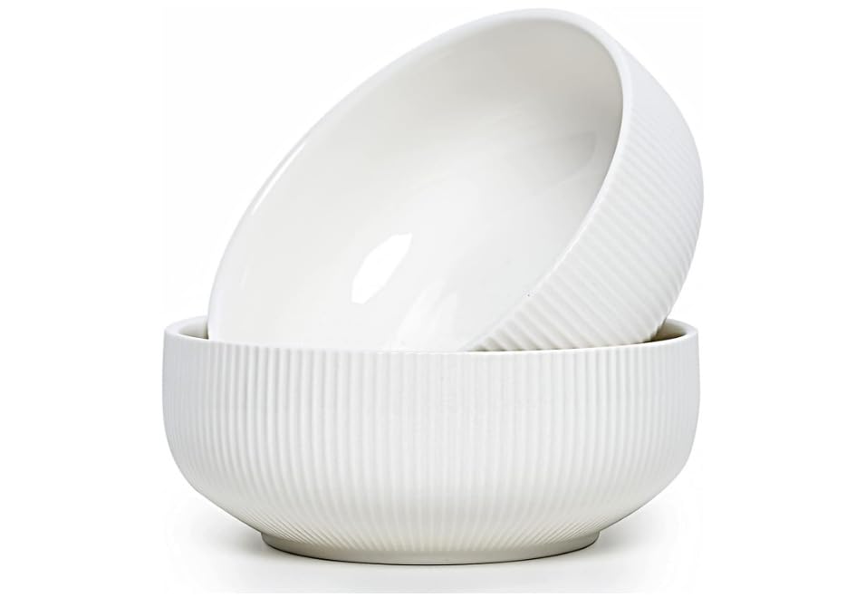 Pyhlhy Salad Bowl 2 Pack Ceramic Serving Bowl Set Deep Bowl for Kitchen White Big Pasta bowl for Soup Cereal Salad Pasta Ramen Fruit Microwave and Dishwasher Safe 8IN 1700ML