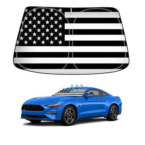 B&W American Flag Car Windshield Sun Shade Compatible with Ford Mustang 2015-2024 (NOT for Ford...
