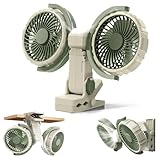 Dual Head Clip on Fan Battery Powered with Light,Portable USB Rechargeable Powerful Desk Table Fans,360°Rotation Cooling Clamp Fans for Stroller,Car,Golf Cart,Treadmill,Outdoor Travel Camping(Green)