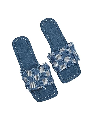 GORGLITTER Women's Denim Square Toe Flat Sandals Raw Trim Jean Sandals Fashion Pattern Slide Sandals