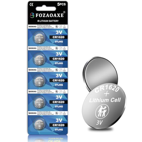 FOZAOAXE CR1620 Battery 5 Pack, CR1620 3V Lithium Battery, 10-Year Shelf Life Leak-Proof DL1620 ECR1620 BR1620 CR 1620 Batteries for Car Key Fob Coin Cell