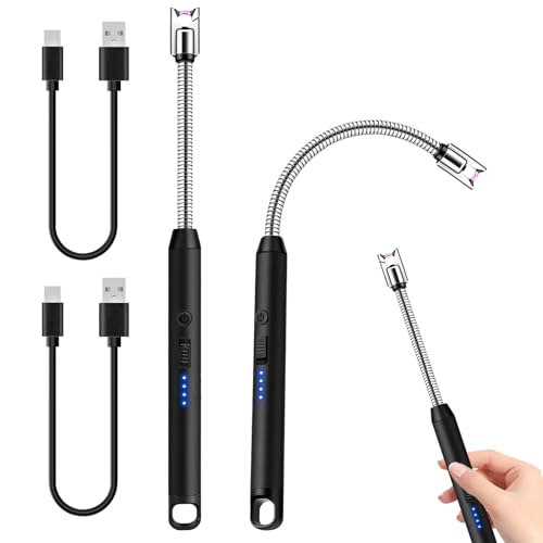 2 x Stabfeuerzeug Lichtbogen Feuerzeug Elektrisch mit USB-C Stabfeuerzeug USB Aufladbar 360 Flexibler Hals Winddicht Feuerzeug Lang für Küche Kerzen Camping Grill