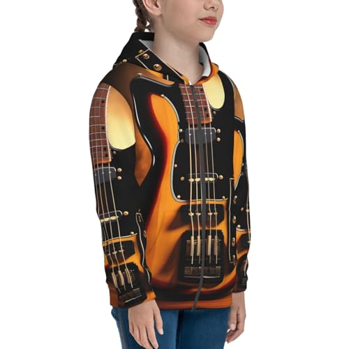 Small Instrumental Guitar Print Girls Athletic Zip Up Hoodies,Sweatshirts with Pockets Long Sleeve Hooded Jackets, for 7-18 Y Black3