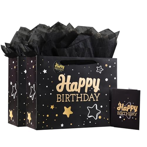 Image of 13 inch Black Happy Birthday Gift Bag with Tissue Paper and Greeting Card for Party,Happy Birthday Gift Bag for Men Women,Gift Bags Medium size(2 PCS Black Hot Stamping)
