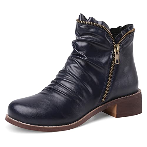 VOKLIN Women's Retro Flat Low Heel Dress Ankle Booties Round Toe Double Zipper Comfort Dressy Short Boots