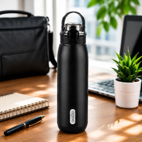 Image of CELLO Puro Steel-X Flint 900 Insulated Water Bottle 650 ml, Black | Easy Press Open Flip Top, Easy to Carry with Handle Leak Proof Inner Steel Water Bottle for School Kids, Office Gym Travel Trekking