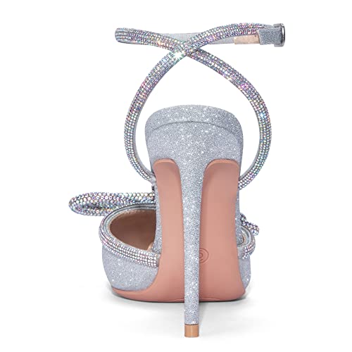 Elisabet Tang Women's High Heel Pumps,Satin Rhinestone Bowknot Lace Up Sandals Pointed Toe Ankle Buckle Straps Pump Stiletto Sandals4