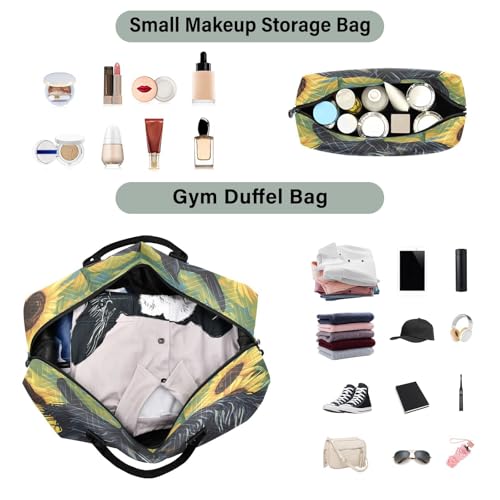 Horse Travel Gym Bag, Black Horse Sunflower Weekender Overnight Duffle for Women with Toiletry Bag Travel Swim4