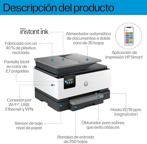 Miniatura 3 de HP OfficeJet Pro 9120e, Impresora multifunción Profesional de inyección de Tinta A4 a Color, Copia, escáner, fax, Wi-Fi, impresión a Doble Cara automática, 22 ppm, 3 Meses Instant Ink, Gris