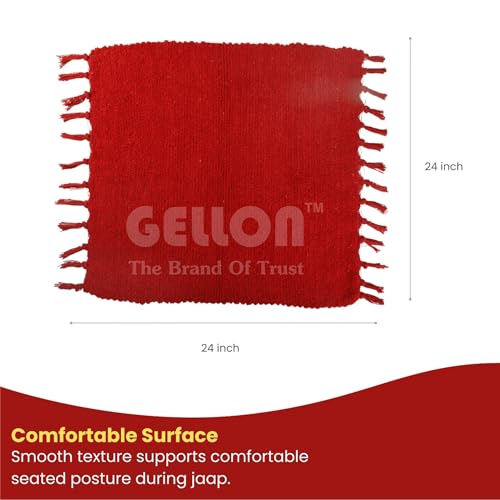 Image of Gellon Traditional Cotton Prayer Mat for Puja, Red Asan for Prayer, Sitting, Meditation, Small Carpet Mat Rug for Floor in 24 x24 Inch in Red Color
