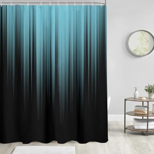 Image of AAtter Teal Black Ombre Shower Curtain, Extra Long 72x84 Inch, 12 Hooks | Turquoise Striped Polyester Fabric, Dark Modern Abstract Style, Cool Anime Design, Trendy Striped Bathroom Decor for Men