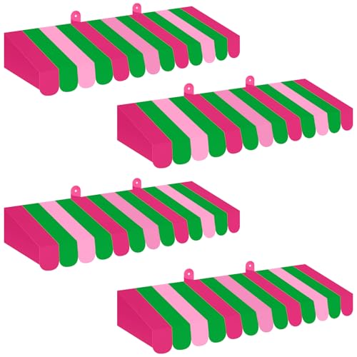 Image of Boao 4 Pcs 3D Cardboard Awning Decor,Red Pink and Green,Striped Style | Paper Awning, Circus Carnival Theme, For Bulletin Board, Lemonade Stand, Bakery & Ice Cream Truck, Wall Window Backdrop