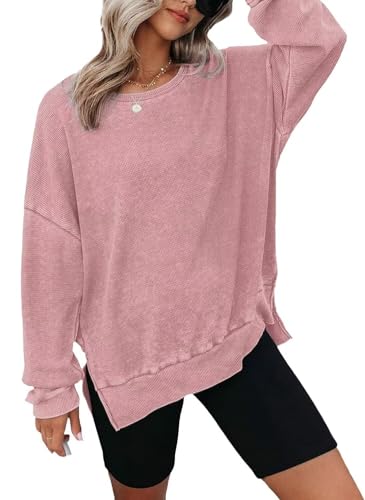 WIEAYUMEI Sweatshirts for Women Long Sleeve Jumpers Ladies Vintage Loose Sweatshirt Crewneck Tunic Tops Pink M