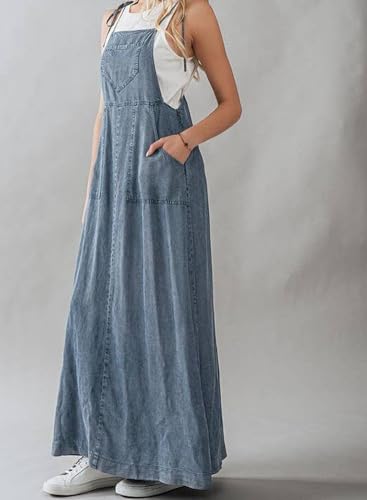 chouyatou Women's 2025 Summer Spaghetti Strap Maxi Long Denim Dress Swing Flowy Jean Jumper Overall Dress3