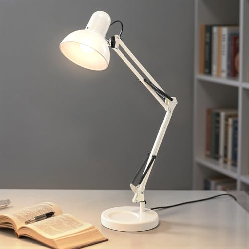Image of Warmiehomy 85cm Adjustable Desk Lamp, Flexible Large Swing Arm Desk Lamps, Metal White Desk Light Mains Plug, E27 Bulb Socket, Classic Table Lamp for Home Office University Essentials for Student