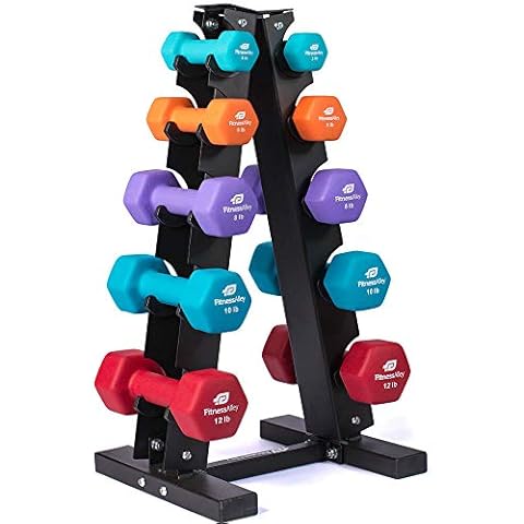 Fitness Alley Neoprene Dumbbells A Frame Rack - Free Weights Hex Hand Weights - Gym Exercise 5 Pairs Set (3lb, 5lb, 8lb, 10lb, 12lb) with 5 Tier Rack Cover