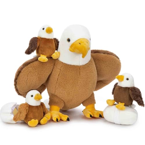 Karister 6Pcs Bald Eagle Plush Toy, Mother Eagle Stuffed Animal with 3 Baby Eagles & 2 Eggs, 16' Cute Soft Stuffed Hawk Plushie for Girls Boys Kids, Christmas Birthday Gift for Bird Lovers