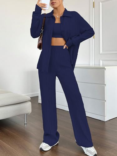 Image of Shasmi Women's 3-Piece Co-ord Set - Solid Button Front Shirt, Strapless Tube Top & Wide Leg Pants | Casual Loose Fit Western Outfit for Daily Spring /Fall Wear (Co-Ord-208)