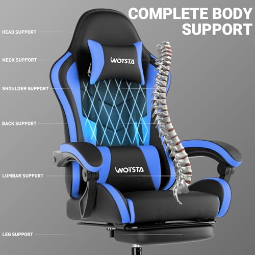 Image of Ergonomic Gaming & Office Chair, Footrest, Racing Design Black /Blue | PVC with headrest,lumbar, Adjustable Height recliner for adults 2D-Linkage Armrests for 300LBS