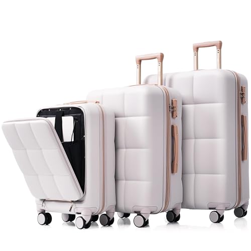 Travel Smart 3-Piece Luggage Set with USB Port & Front Opening Design - Durable ABS Spinner Wheels - Light Grey
