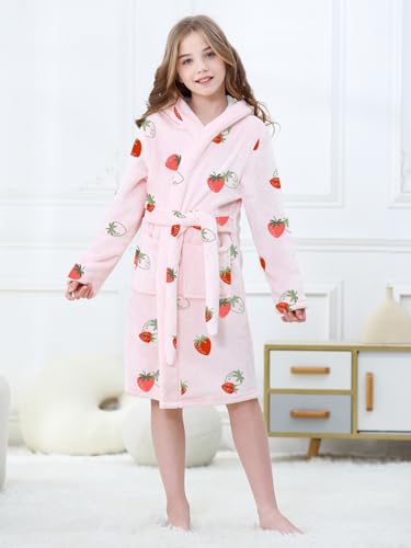 QZH.DUAO Girls Fleece Robes, Hooded Warm Bathrobe with Belt and Pockets for Kids, Pink Strawberry, 5T=1302