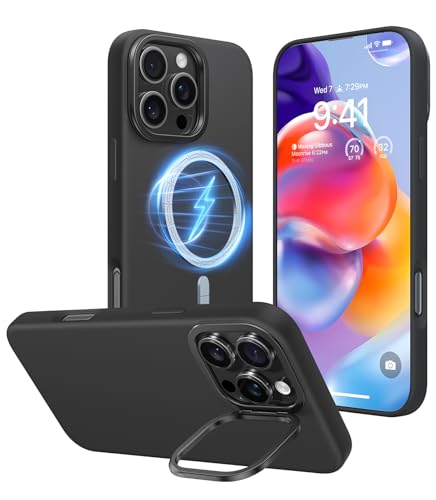 TORRAS Compatible with iPhone 16 Pro Case, Liquid Silicone Case with Stand, Compatible with MagSafe, Built-in Stash Stand, Soft Grip Shockproof 16 Pro case, Anti-Scratch Microfiber Lining, Solid Black