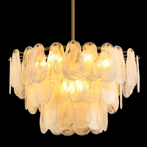 Giawosth Modern Crystal Glass Chandelier, 23.6" Gold Luxury Hanging Pendant Light Fixture, 9-Light Round Cloud Ceiling Chandeliers Lighting for Dining Room Living Room Bedroom Foyer Stairway, E12