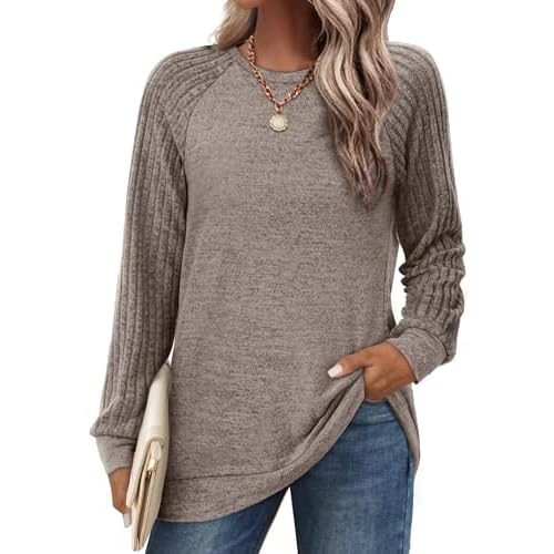 Saloogoe Tunic Sweatshirts for Women Crewneck Lightweight Sweaters Raglan Long Sleeve Shirts Fall Fashion Tops 2024