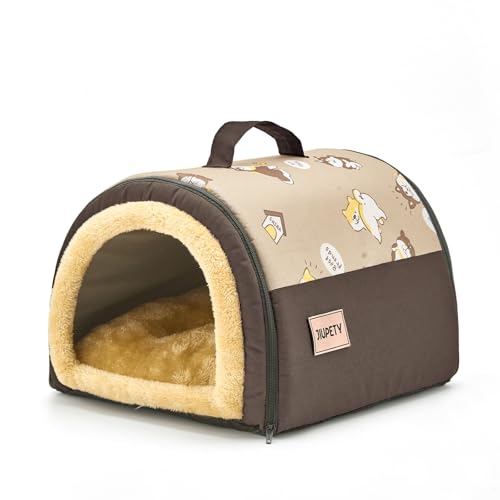 Jiupety Hundehütte Indoor, 2-in-1 Katzenhöhle, Größe S Hundehöhle Kleine Hunde für Katze und Welpe, Warme Höhle Schlafnest, Braun