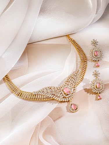 Image of Rubans 22K Gold-Plated Aqua Green /Pink Stone & Cubic Zirconia Studded Jewellery Set for Women - for Weddings & Special Occasions