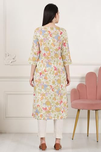 Image of White Floral Printed Pure Cotton Straight Kurta with Lace on Neck