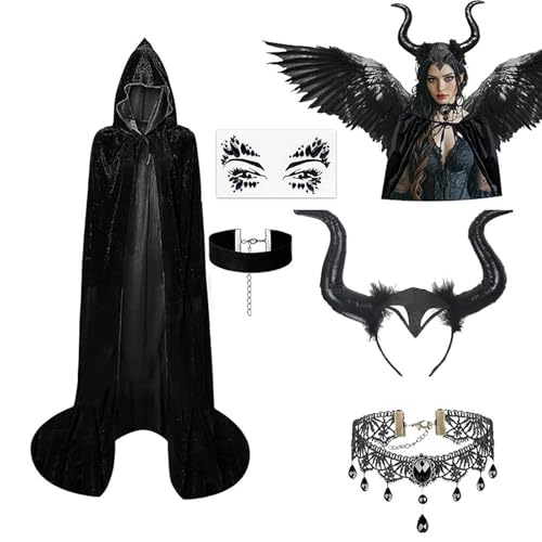 Costume de diable pour femme adulte avec cape Maléfique à capuche et cornes rigides