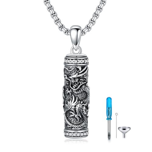 Urn Necklace for Men 925 Sterling Silver Bar Cylinder Dragon/Eagle/Wolf Cremation Necklace Keepsake Pendant Memorial Jewelry Christmas Gifts for Men