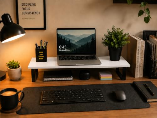 Image of Wooden Monitor Stand with Storage Organizer For Desk, Tables, Office, Home, Studio, Study Table | Desktop Ergonomic Monitor Stand Riser (White, Large (with metal legs))