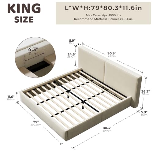 Image of RECCI King Platform Bed Frame with Plush Upholstered Headboard 6-Inch, Easy Assembly, Noise-Free Stability (Beige, King (U.S. Standard))