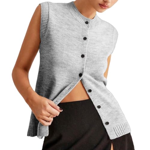 Image of Women Button Down Knit Sweater Vest Casual Loose Fit Crew Neck Sleeveless Button Front Knitted Sweater Cardigan